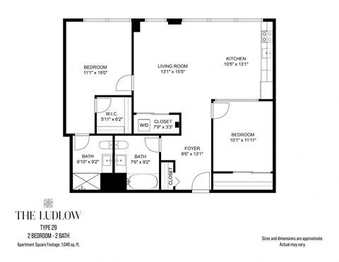 Floor plan for 2 beds, 2 baths, 1048 sqft